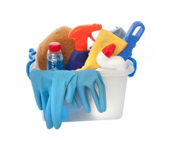 bucket of cleaning products including spray bottles, gloves and sponges