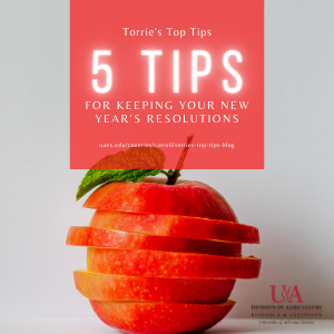 Torrie's Top Tips 5 Tips for keeping New Year's Resolutions with background photo of apple cut horizontally stacked together. University of Arkansas,, Division of Agriculture