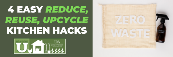 4 Easy Reduce, Reuse, Upcycle Kitchen Hacks -glass spray bottle with 'no waste' written on a towel