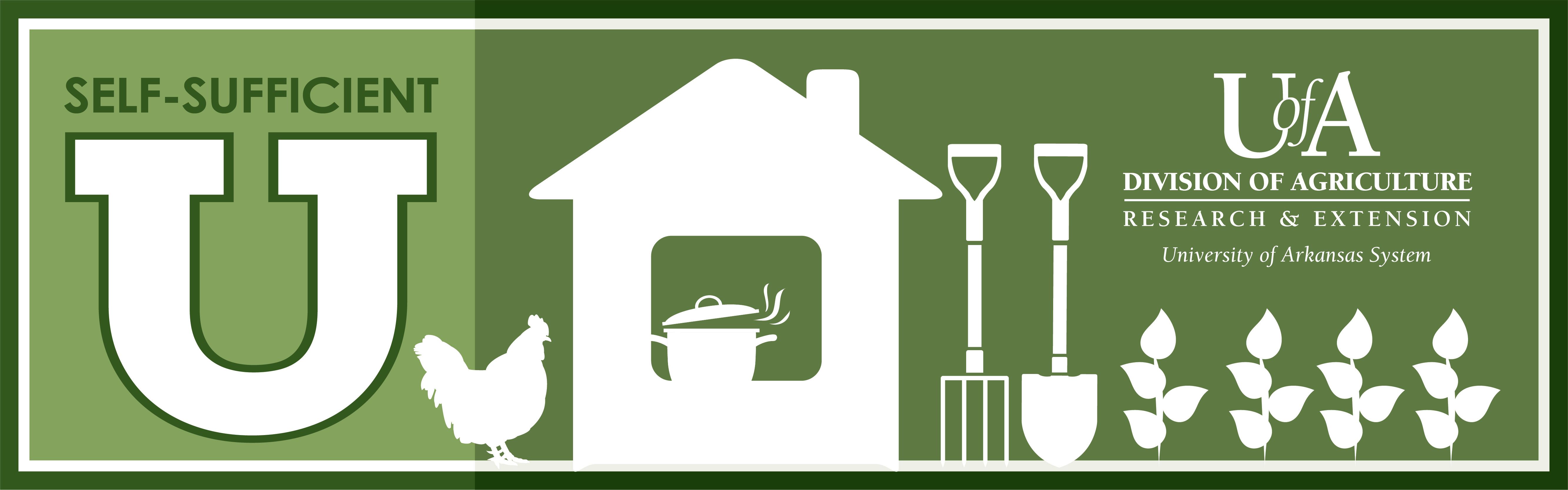 Self sufficient u - green logo with icons of a house, chickens, and gardening equipment