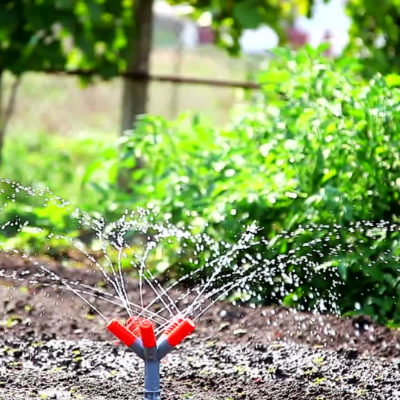 sprinkler watering plants in a garden