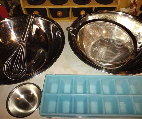 mixing bowls and utensils for beating eggs
