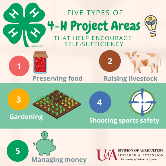 five types of 4H projecct areas that help encourage self-sufficiency. 1. Preserving food 2. livestock 3. gardening 4. shooting sports safety 5. managing money