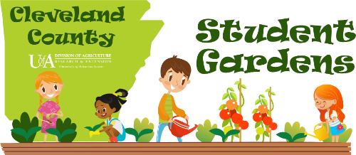 Cleveland County Student Gardens logo with kids gardening illustration