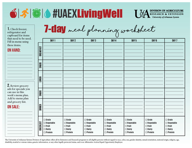 Worksheet for planning your meals for one week