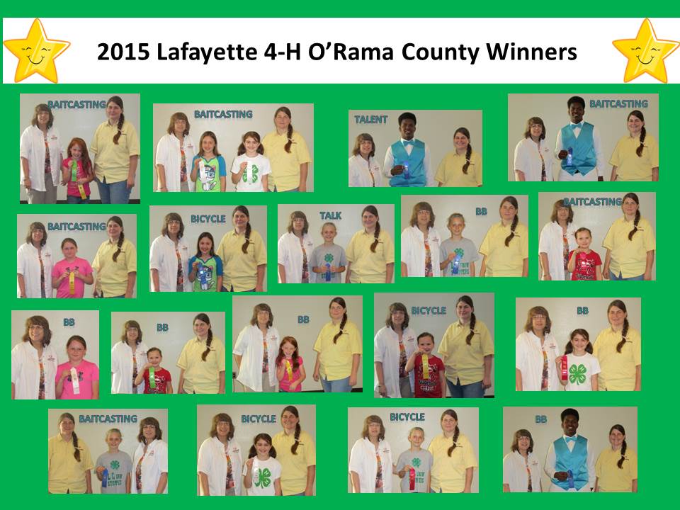 collage of photos of all the 2015 Lafayette 4-H O-Rama county winners with their ribbons and categories 