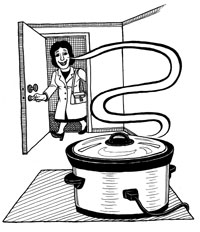 woman entering door in winter coat to the aromas of dinner in the slow cooker