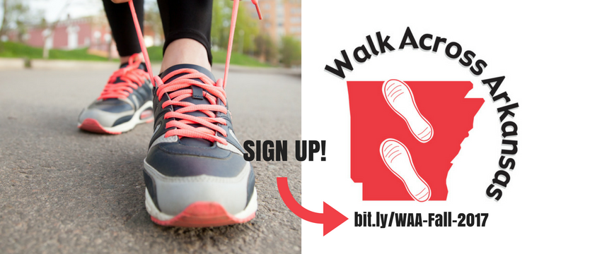 Walk Across Arkansas with sign up website and girl walking briskly