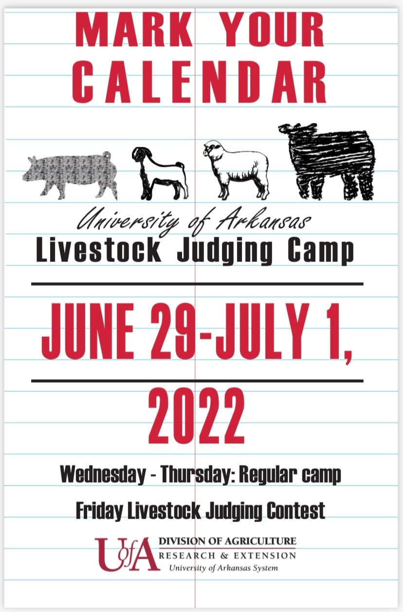 Mark Your Calendar for the University Judging Camp June 29-July 1, 2022. Wednesday-Thursday: Regular Camp. Friday Livestock Judging Contest