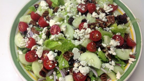 Tossed Spinach Salad with spinach, pecans, cranberries, blue cheese, tomatoes, avoacado, red onion, raspberry jam, red wine vinegar, olive oil, salt and pepper