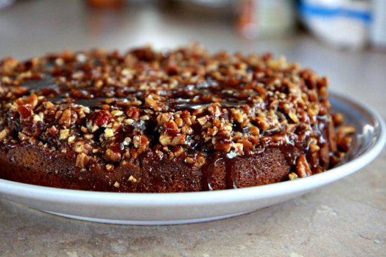 Pumpkin Praline Cake made in bundt pan on platter