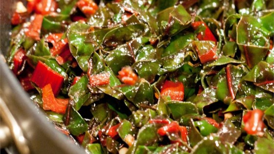 rainbow chard cooked with olive oil, garlic, crushed red pepper flakes and lemon juice
