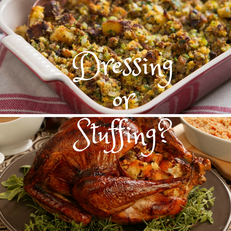 a dish of southern dressing on top and a turkey with stuffing inside of it on bottom with words "Dressing or Stuffing?"
