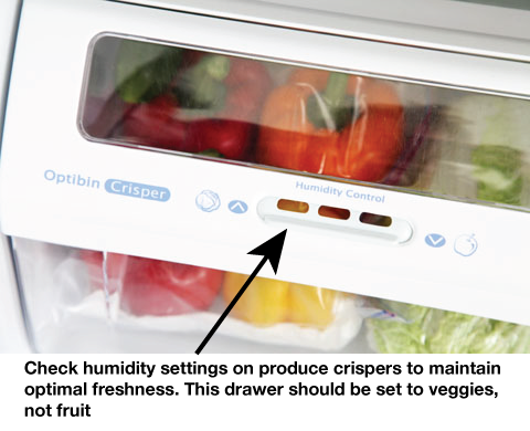 low-humidity crisper drawer with caption that states to set for vegetables and not fruit