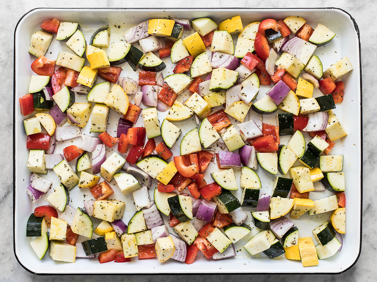 roasted farmers market medley with various vegetables on flat pan