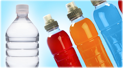 Water Verses Sports Drinks bottled water standing straight while three sports drinks in red, orange and blue are slanted.