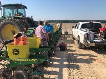 County Agent Andrew Sayger scouting soybeans County Agent Andrew Sayger scouting soybeans