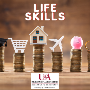 Life Skills Stack of six coins with graduation cap, shopping cart, house, piggy bank, and wedding bands with title "Life Skills"