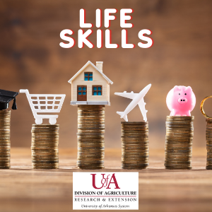 Stack of six coins with graduation cap, shopping cart, house, piggy bank, and wedding bands with title "Life Skills"