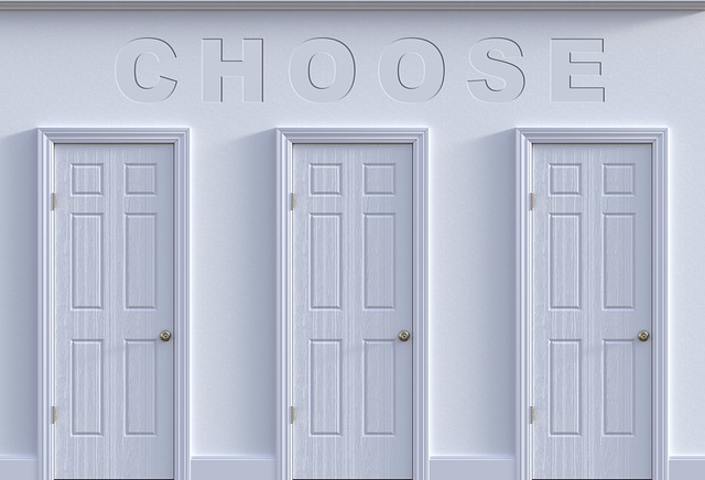 white walls with 3 white doors and the word CHOOSE above doors