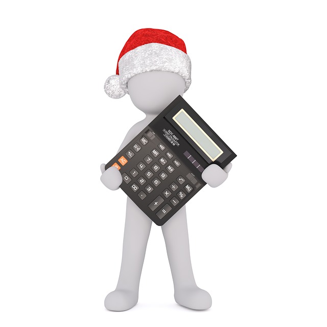 figure with Santa hat holding a calculator
