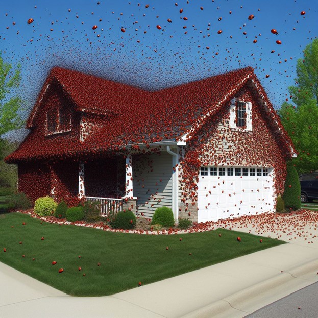AI-generated image of lady beetles swarming a house