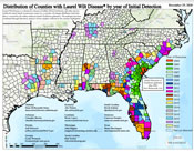 Map of laurel wilt disease infested US counties