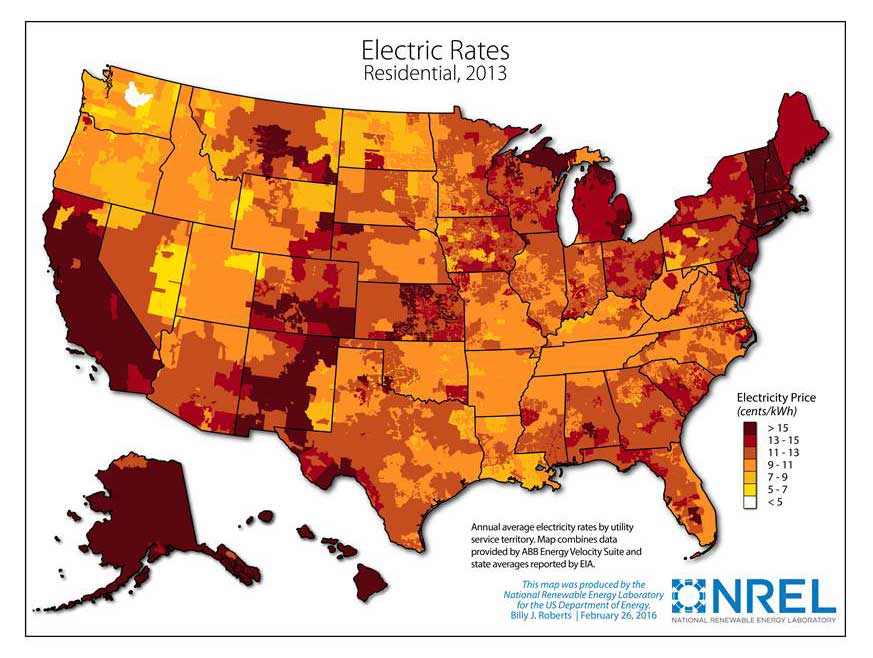 Residential Electric Rates 2013. Map of the US showing most expensive (cents/kWh) rates in Alaska, Hawaii, and the northeast.  Arkansas’ rates show to be mid-range in comparison with all other states in 2013. Arkansas is at 9-11 cents per kWh.