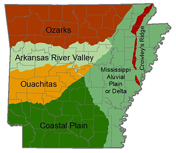 state of arkansas map showing the different areas- ozark, forests, ouachitas, coastal and delta regions