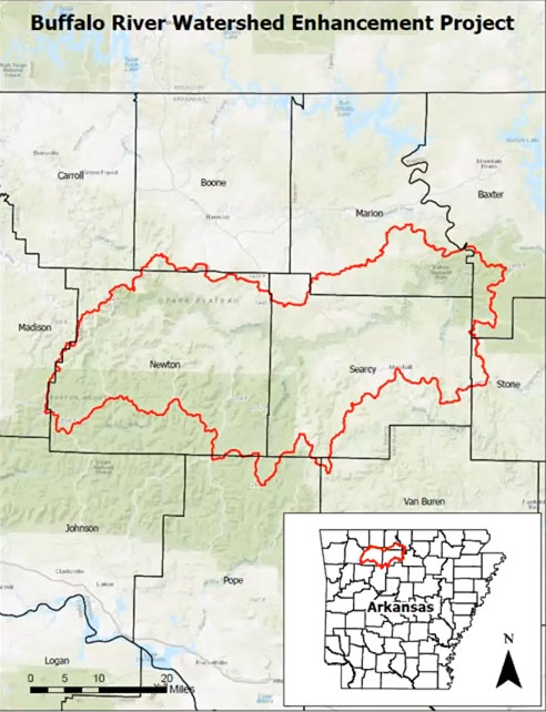 Newton and Searcy County in Arkansas highlighted on map to show the watershed area for the enhancement project