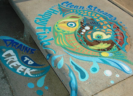 storm drain mural on Fayettville street depicting a fish swiming with the words drains to creek