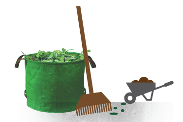 Stylized image of compost bin, rake, and wheelbarrow