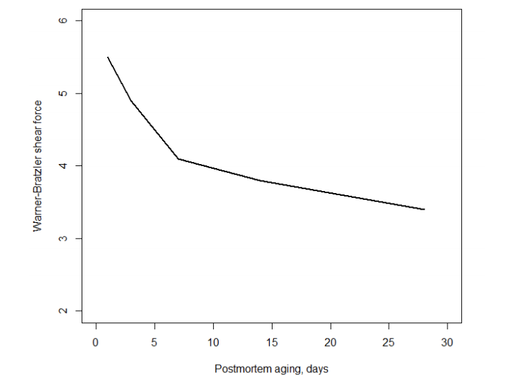 Effect of aging on forage-finished beef tenderness as determined by Warner-Bratzler shear force (adapted from Schmidt et al., 2013). 