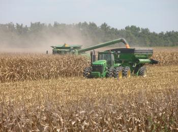 Corn Research Verification field being harvested by a machine in Green County, Arkansas