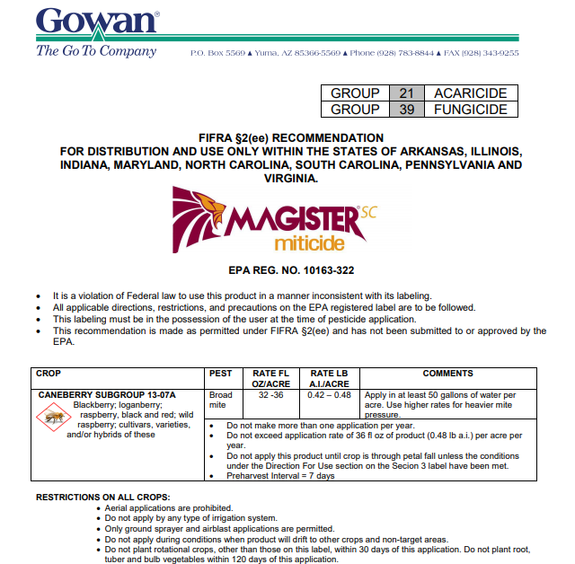 Product label for Magister.