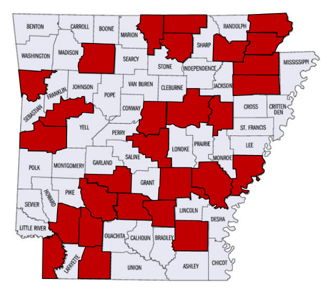 A map of the Arkansas counties, with the participating counties highlighted in red