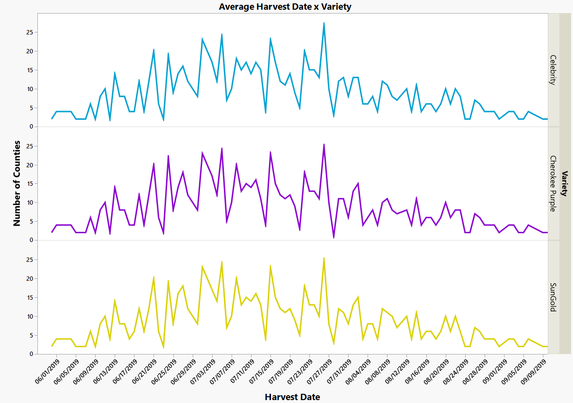 A graph comparing the average harvest dates of three tomato varieties throughout the season in 28 Arkansas counties