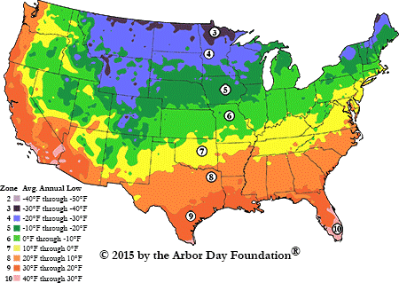 Map of the continental U.S. showing the average annual low temperatures for the 10 growing zones
