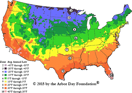 U.S. growing zones low temperatures Map of the continental U.S. showing the average annual low temperatures for the 10 growing zones