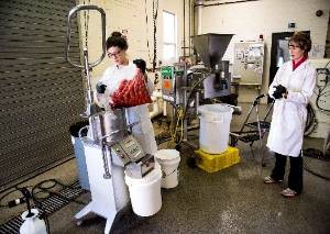 Two girls in lab coats pouring pureed tomatoes into processor