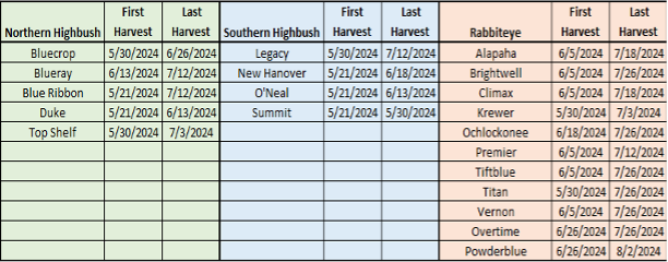 Table 1. 2024 blueberry variety trial: bush types, varieties, and their harvest dates included in the trial bush type (northern highbush, southern highbush and rabbiteye) included in trial. 