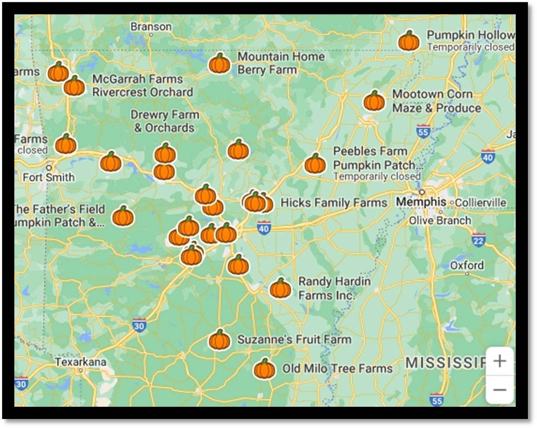 Figure 1. A festive Google Maps image of some, but not all, of the pumpkin patches found in Arkansas. 