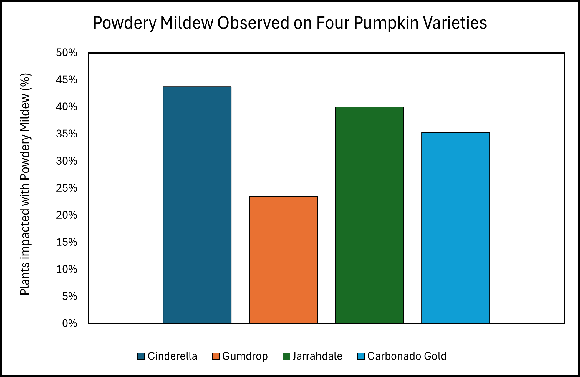 Figure 10. Powdery mildew observed on 4 varieties of pumpkin in two different Cucurbita species across 19 counties. Gumdrop and Carbonado Gold were reported to have an intermediate amount of powdery mildew resistance while Cinderella and Jarrahdale lack powdery mildew resistance.