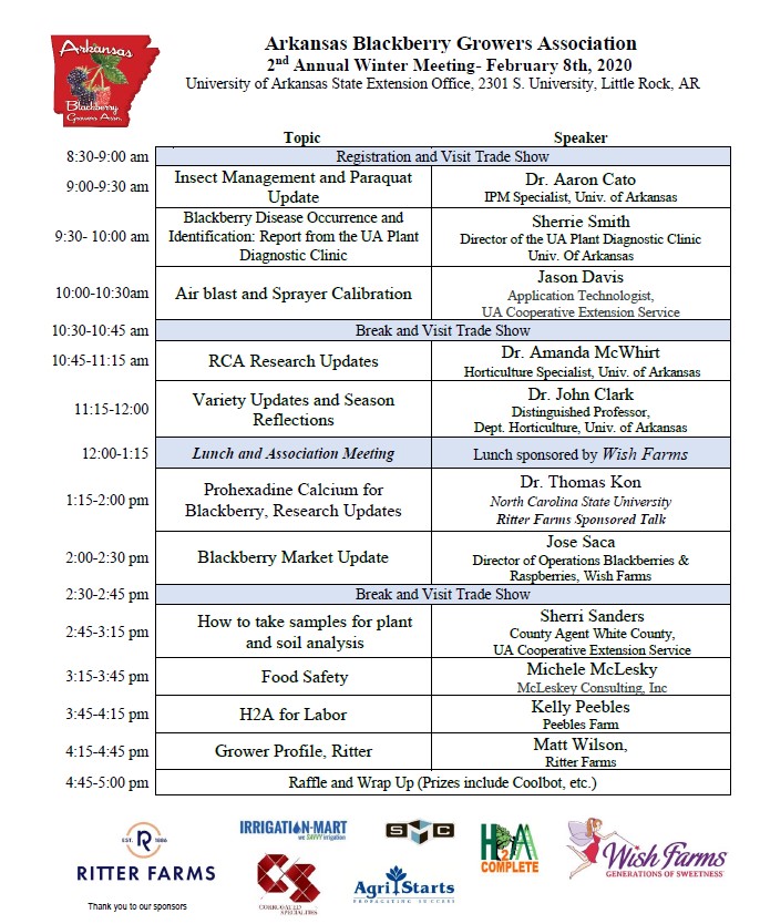 Screenshot of the schedule for the Arkansas Blackberry Growers association winter meeting