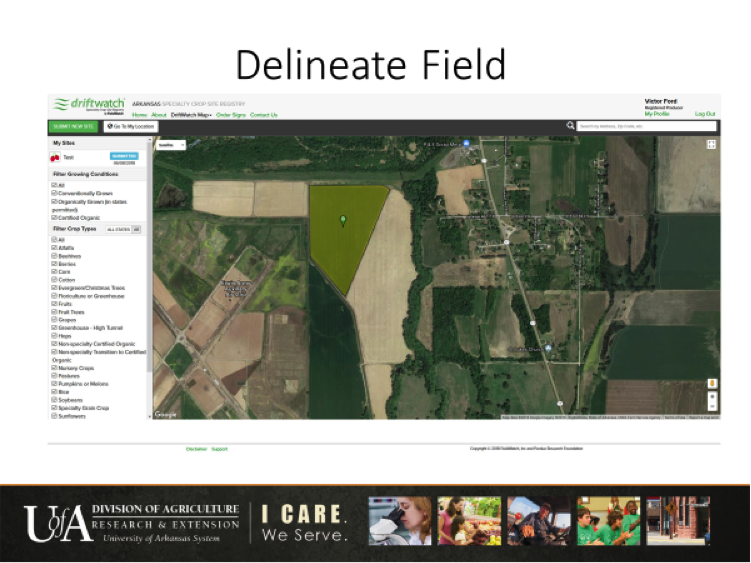 The delineated field with an informational pin in the middle.