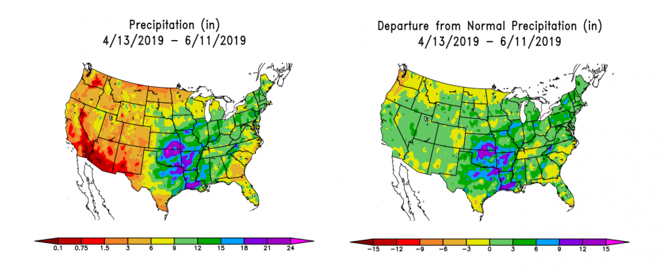 Two maps of the United States showing the amount of precipitation on a scale of less than 0.1 inches of rain to 24 inches on the left and the departure from normal precipitation in inches on the right