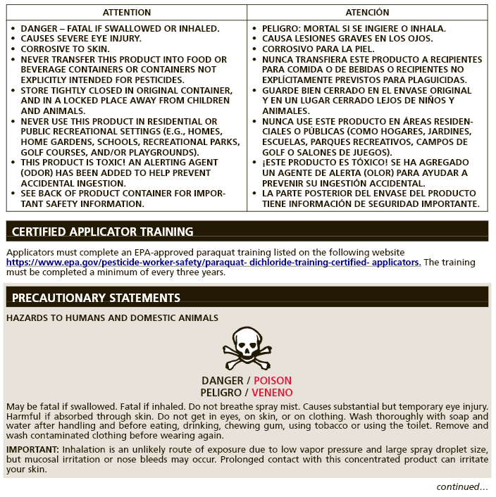 Warning label for paraquat herbicide spray