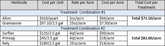 A table comparing cost per treatment for 5 herbicides used in blueberry production
