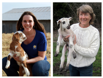 Photo of two women side by side holding small goats