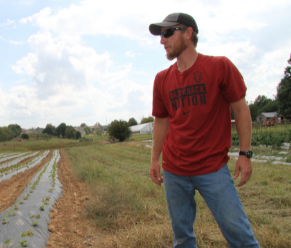 Travis Appel standing next to some recently planted strawberry beds